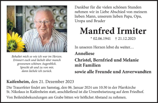 Traueranzeige von Manfred Irmiter von WochenSpiegel