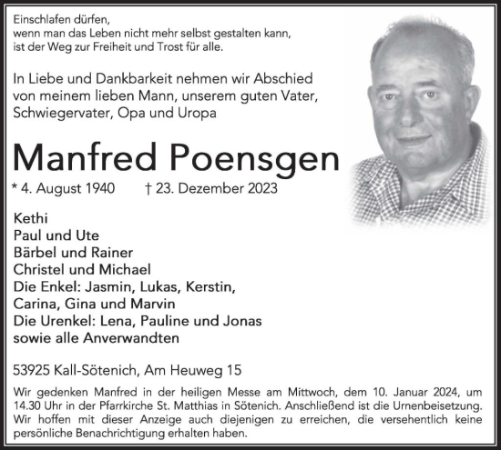 Traueranzeige von Manfred Poensgen von WochenSpiegel