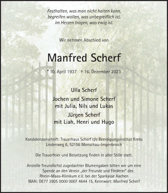 Traueranzeige von Manfred Scherf von WochenSpiegel