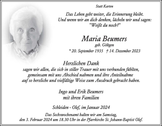 Traueranzeige von Maria Beumers von WochenSpiegel