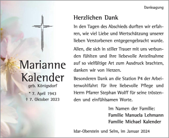 Traueranzeige von Marianne Kalender von WochenSpiegel