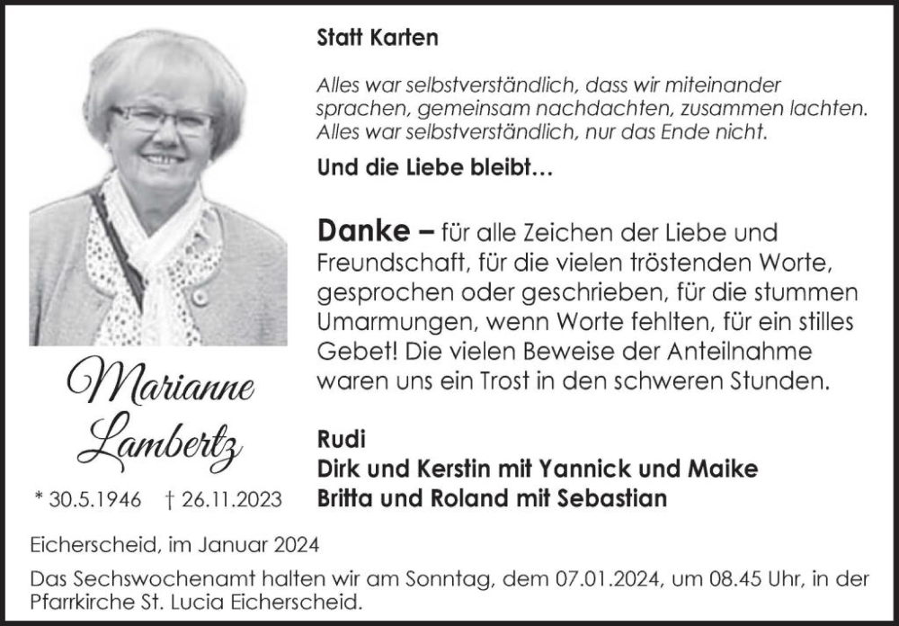  Traueranzeige für Marianne Lambertz vom 03.01.2024 aus WochenSpiegel