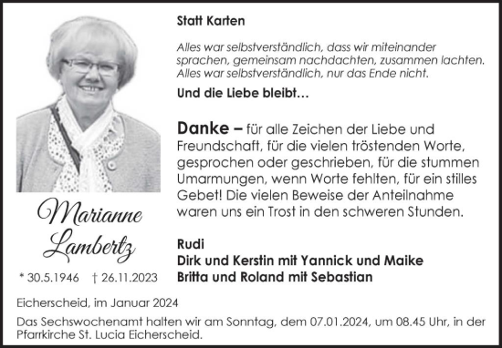 Traueranzeige von Marianne Lambertz von WochenSpiegel
