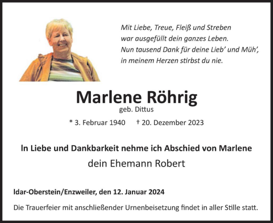 Traueranzeige von Marlene Röhrig von WochenSpiegel