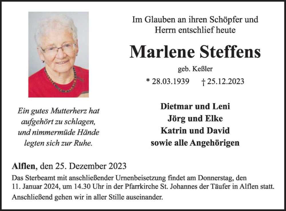 Traueranzeigen von Marlene Steffens | WochenSpiegel Trauer