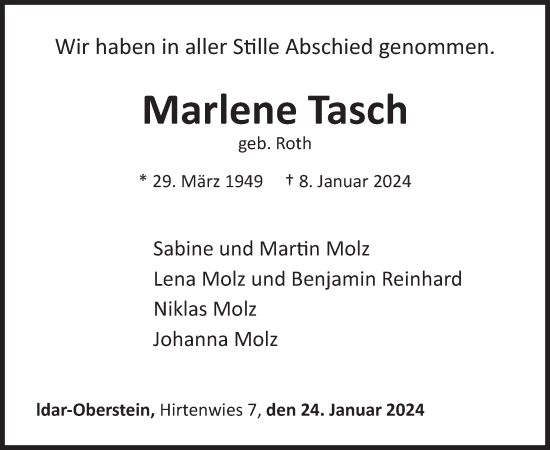 Traueranzeige von Marlene Tasch von WochenSpiegel