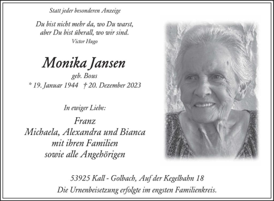 Traueranzeige von Monika Jansen von WochenSpiegel