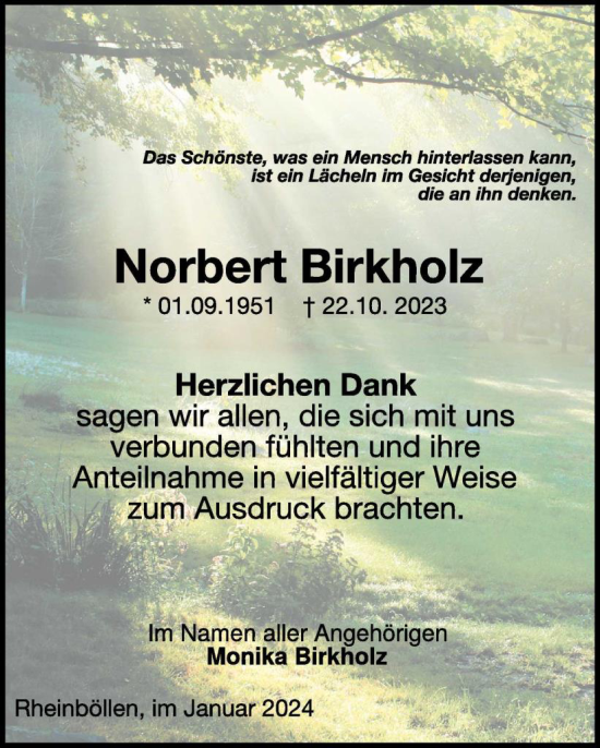 Traueranzeige von Norbert Birkholz von WochenSpiegel