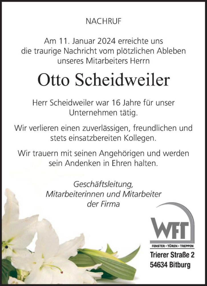  Traueranzeige für Otto Scheidweiler vom 19.01.2024 aus WochenSpiegel