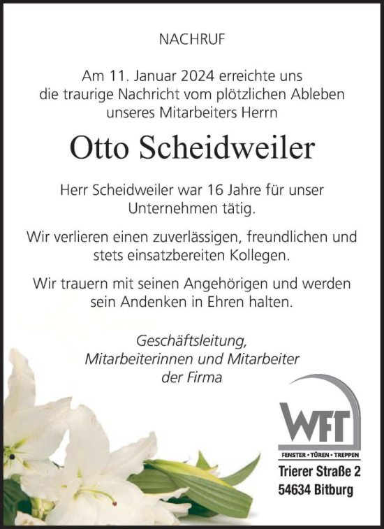 Traueranzeige von Otto Scheidweiler von WochenSpiegel