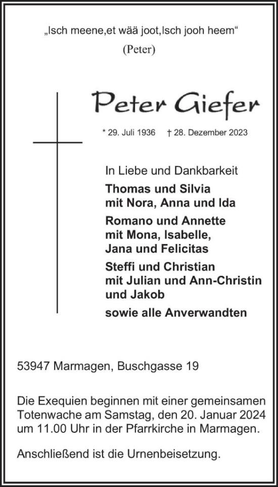 Traueranzeige von Peter Giefer von WochenSpiegel