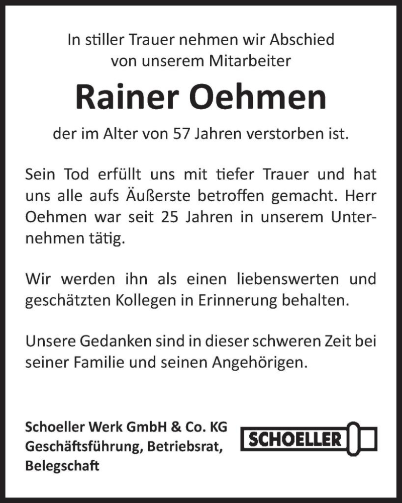  Traueranzeige für Rainer Oehmen vom 03.01.2024 aus WochenSpiegel