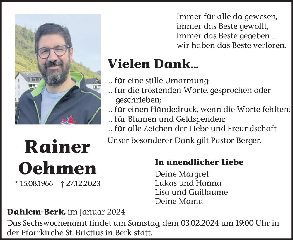  Traueranzeige für Rainer Oehmen vom 27.01.2024 aus WochenSpiegel