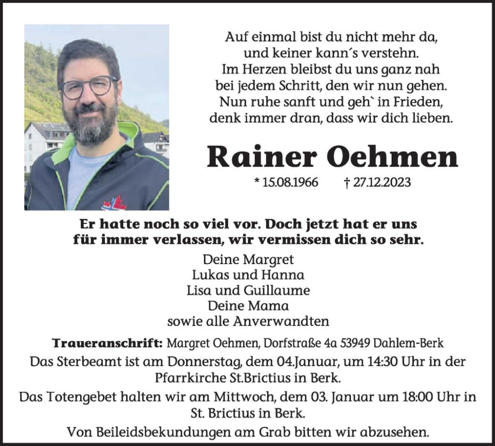  Traueranzeige für Rainer Oehmen vom 06.01.2024 aus WochenSpiegel