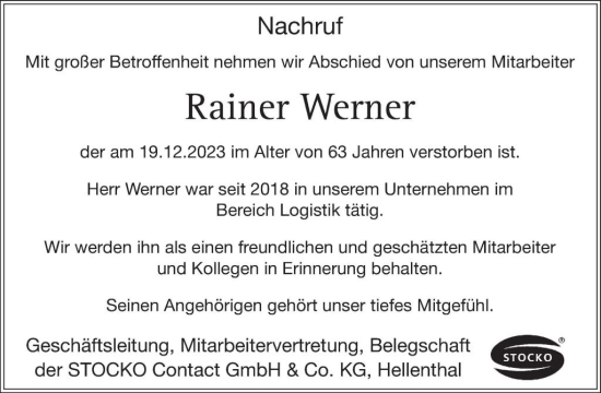 Traueranzeige von Rainer Werner von WochenSpiegel