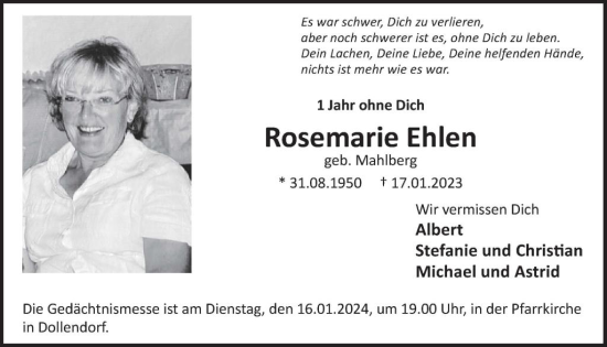 Traueranzeige von Rosemarie Ehlen von WochenSpiegel