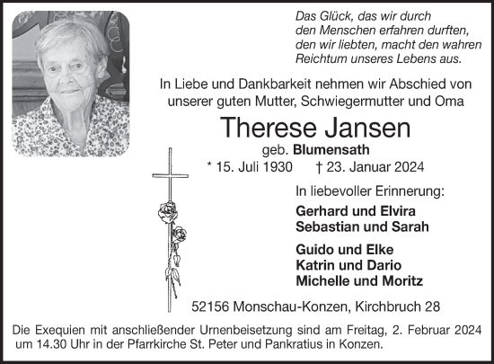 Traueranzeige von Therese Jansen von WochenSpiegel