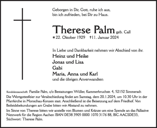 Traueranzeige von Therese Palm von WochenSpiegel