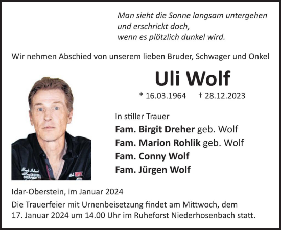 Traueranzeige von Uli Wolf von WochenSpiegel