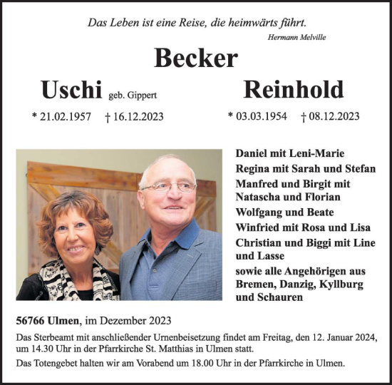 Traueranzeige von Uschi und Reinhold Becker von WochenSpiegel