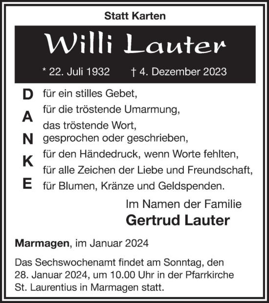 Traueranzeige von Willi Lauter von WochenSpiegel