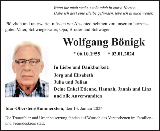 Traueranzeige von Wolfgang Bönigk von WochenSpiegel