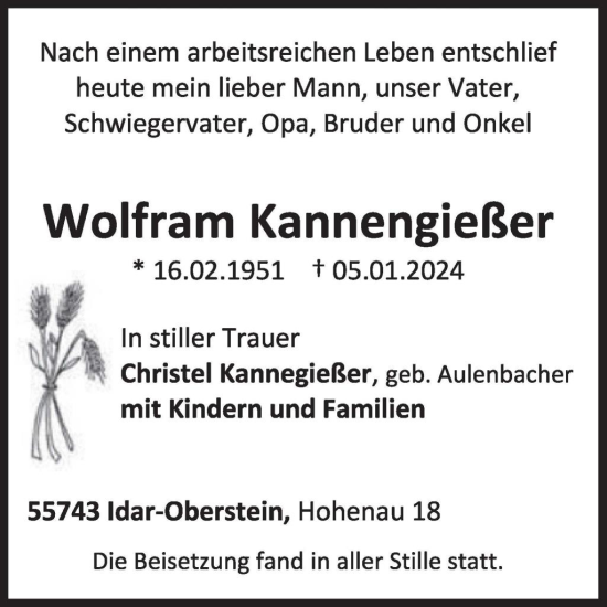 Traueranzeige von Wolfram Kannengießer von WochenSpiegel