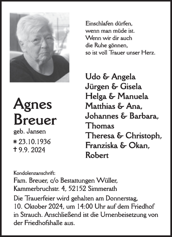 Traueranzeige von Agnes Breuer von WochenSpiegel