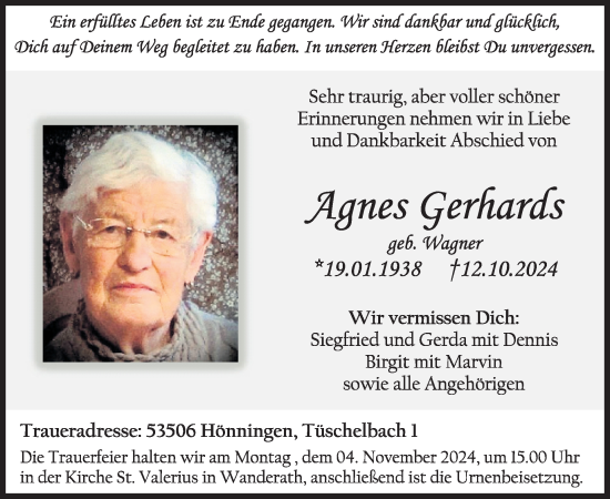 Traueranzeige von Agnes Gerhards von WochenSpiegel