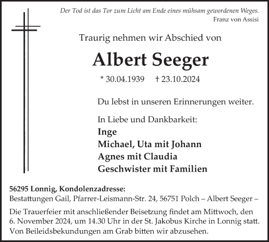 Traueranzeige von Albert Seeger von WochenSpiegel