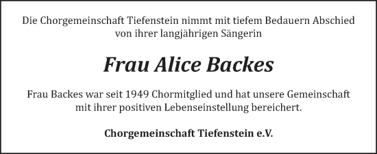 Traueranzeige von Alice Backes von WochenSpiegel