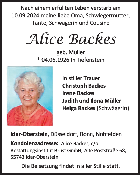 Traueranzeige von Alice Backes von WochenSpiegel