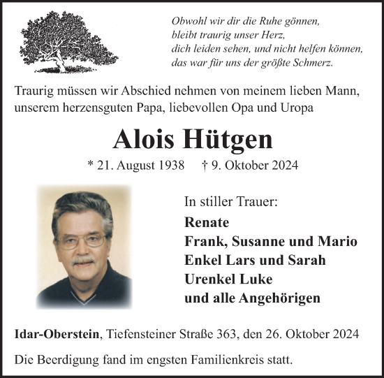 Traueranzeige von Alois Hütgen von WochenSpiegel