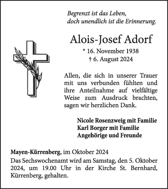 Traueranzeige von Alois-Josef Adorf von WochenSpiegel