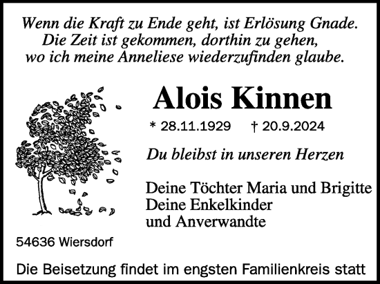 Traueranzeige von Alois Kinnen von WochenSpiegel