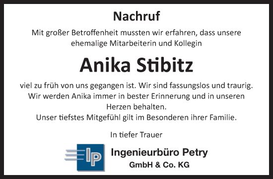 Traueranzeige von Anika Stibitz von WochenSpiegel