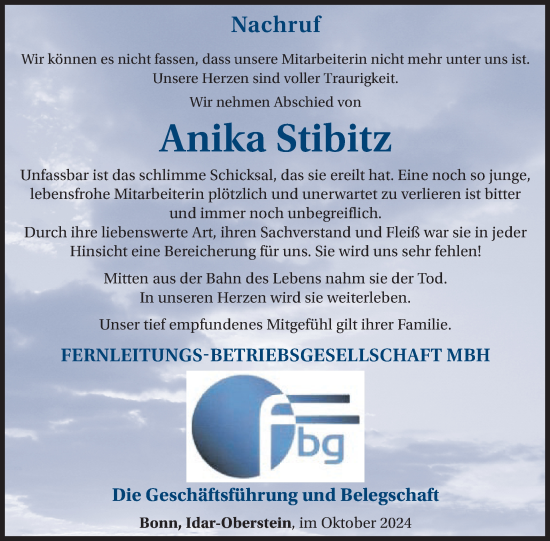 Traueranzeige von Anika Stibitz von WochenSpiegel