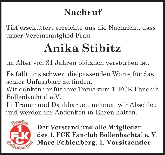 Traueranzeige von Anika Stibitz von WochenSpiegel