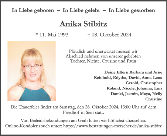 Traueranzeige von Anika Stibitz von WochenSpiegel