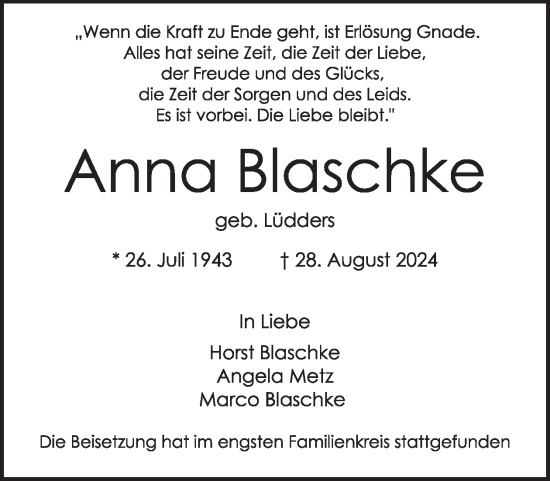 Traueranzeige von Anna Blaschke von WochenSpiegel