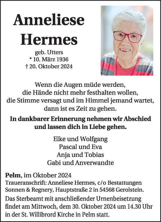 Traueranzeige von Anneliese Hermes von WochenSpiegel