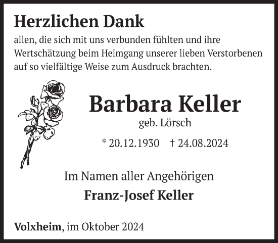 Traueranzeige von Barbara Keller von WochenSpiegel
