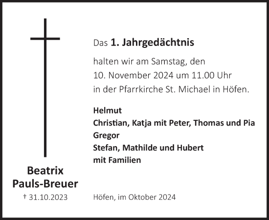 Traueranzeige von Beatrix Pauls-Breuer von WochenSpiegel