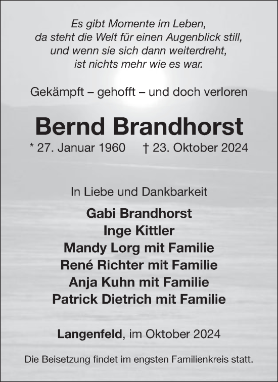 Traueranzeige von Bernd Brandhorst von WochenSpiegel