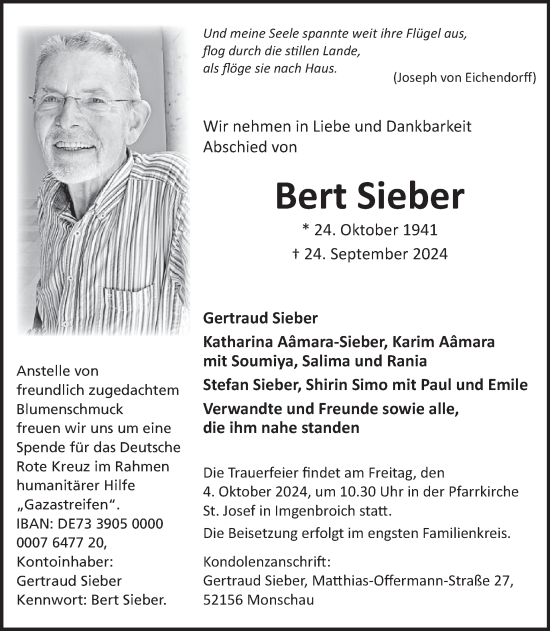 Traueranzeige von Bert Sieber von WochenSpiegel