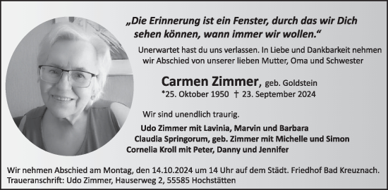Traueranzeige von Carmen Zimmer von WochenSpiegel