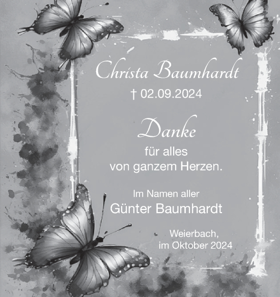 Traueranzeige von Christa Baumhardt von WochenSpiegel