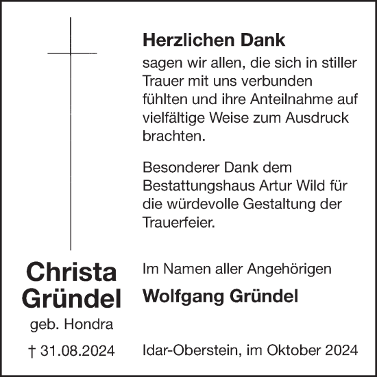 Traueranzeige von Christa Gründel von WochenSpiegel