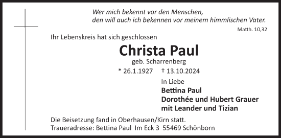 Traueranzeige von Christa Paul von WochenSpiegel