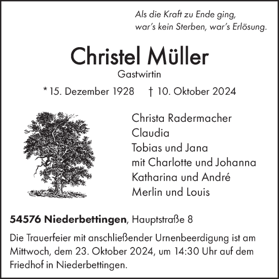 Traueranzeige von Christel Müller von WochenSpiegel